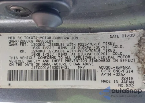 2003 Toyota Highlander z USA, uszkodzony, nr VIN JTEGD21A430059431